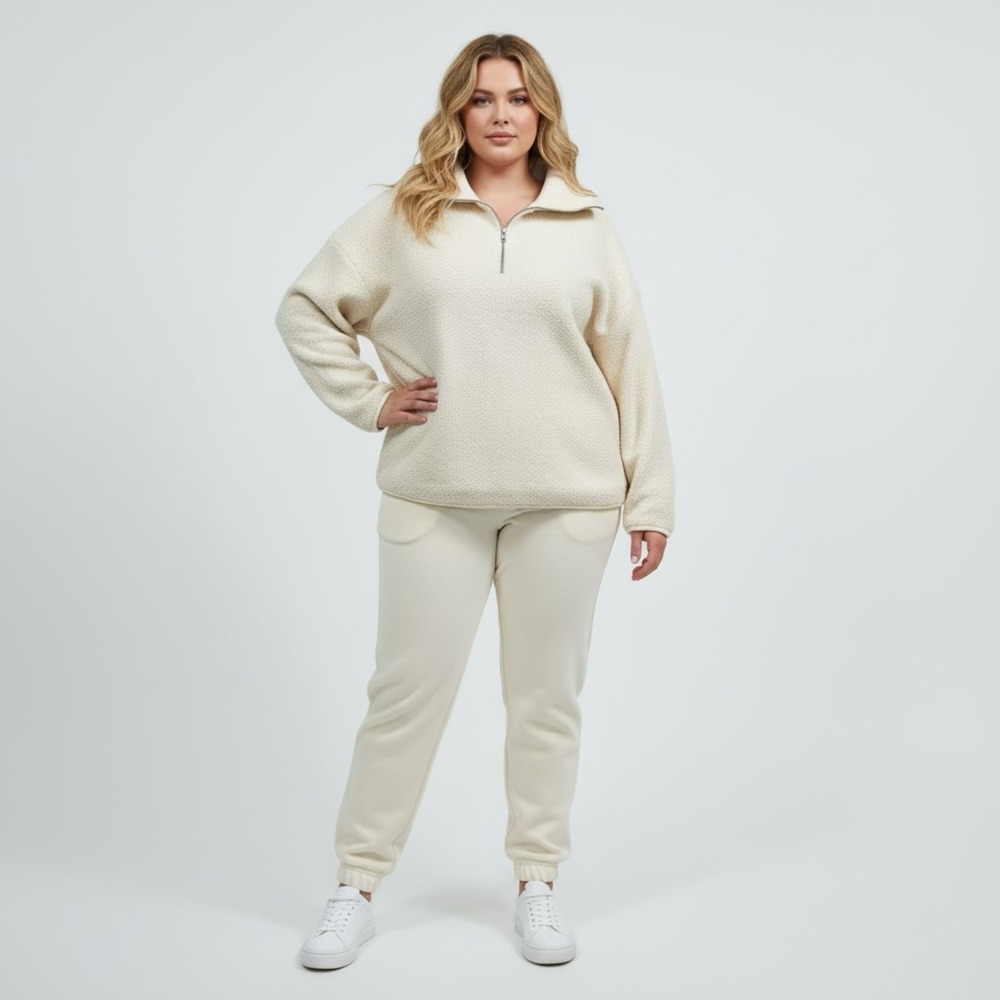 ELLE Womens Cream Sherpa Fleece Quarter Zip Pullover Sweater XL 1034003‎